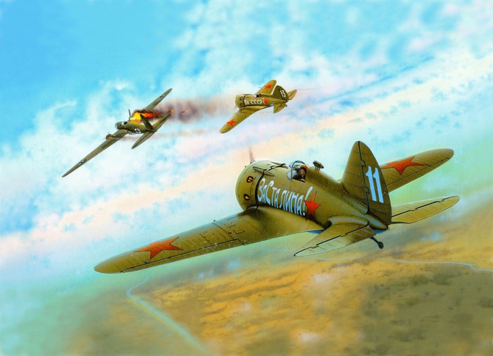 Painting of Soviet fighter planes in combat