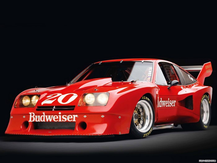 Red Chevrolet Monza DeKon IMSA GTO race car with Budweiser sponsorship