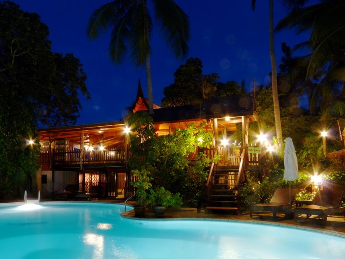 Resort swimming pool and building at night