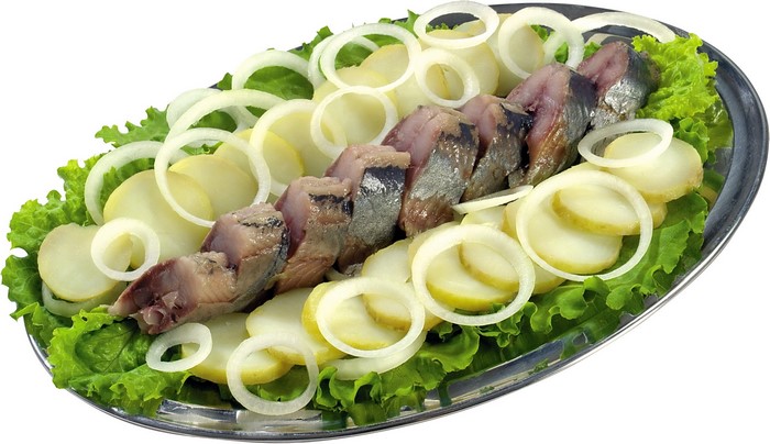 Herring and potato salad on a platter
