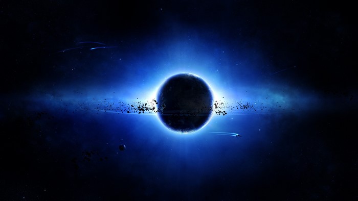 Planet with asteroid belt and spacecraft