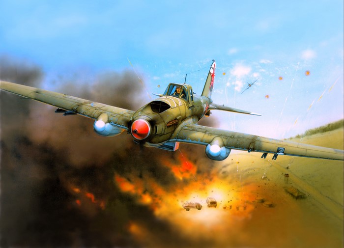 Airplane bombing ground targets during a battle