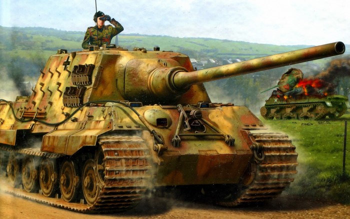 Painting of German tank and burning American tank