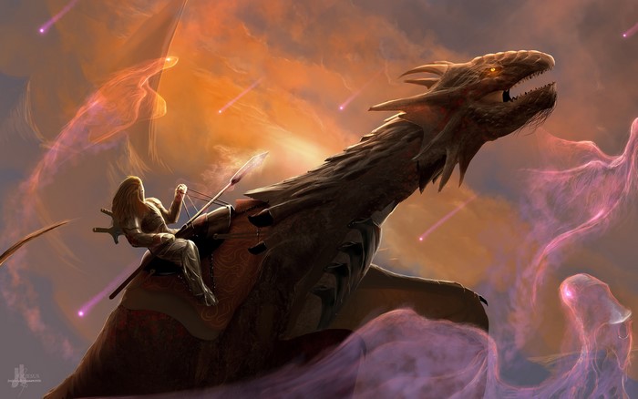 Dragon rider with spear in sky with meteors