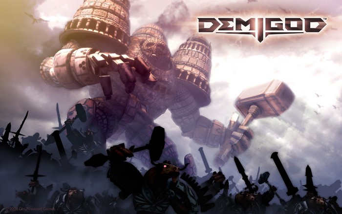 Demigod game wallpaper with giant robot and army
