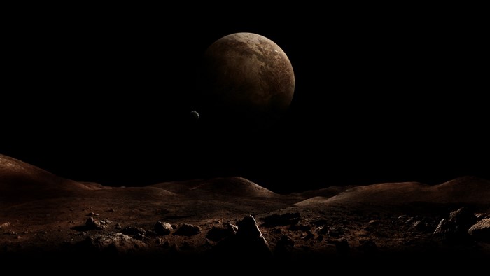 Planetary surface with moons in the night sky