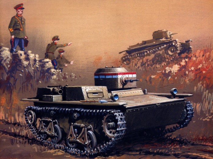 Painting of Soviet tanks and officers