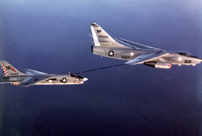 Two Douglas A-3 Skywarriors refueling mid-air