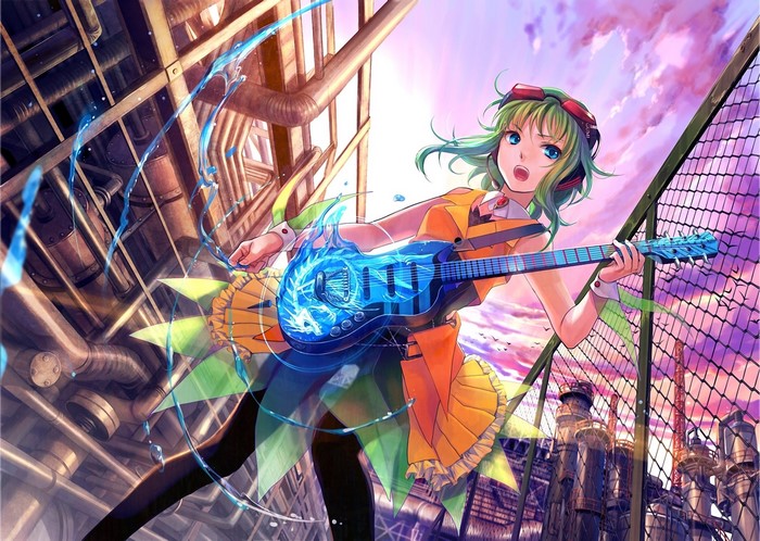 Girl with green hair playing a blue guitar