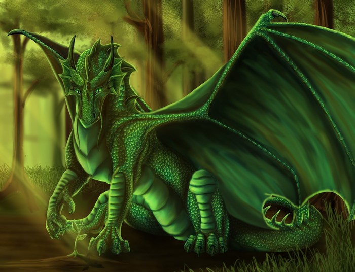 Green dragon in a sunlit forest