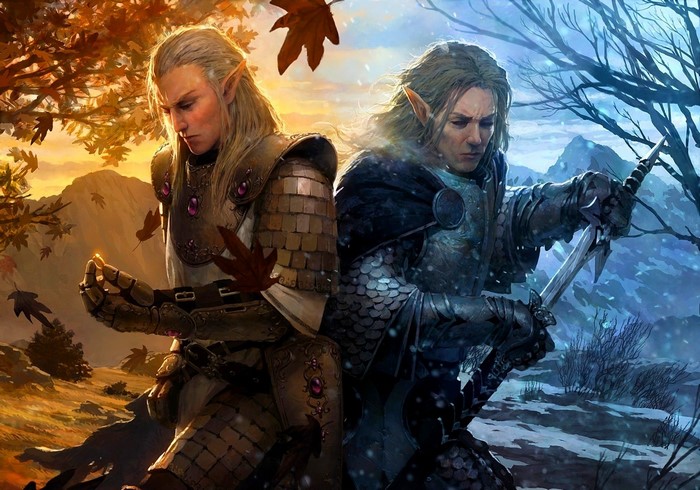 Two elves in armor, one in autumn, one in winter