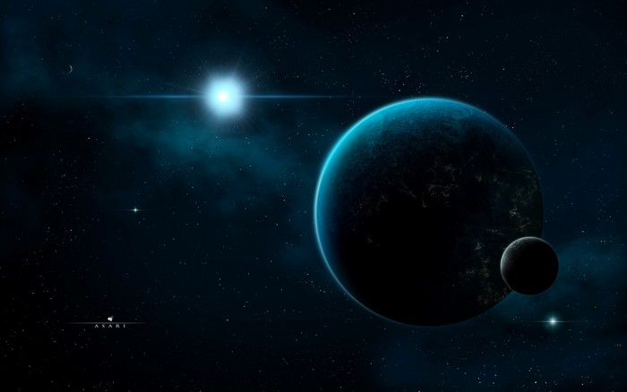 Planets in deep space with a bright star