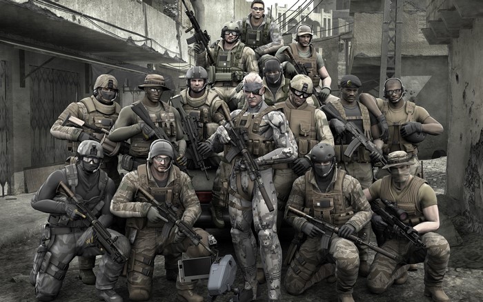 Solid Snake and military squad in Metal Gear