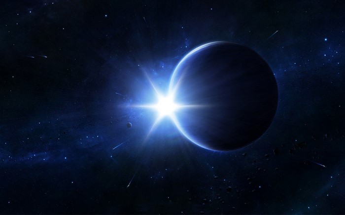 Planet and star in deep space with asteroids