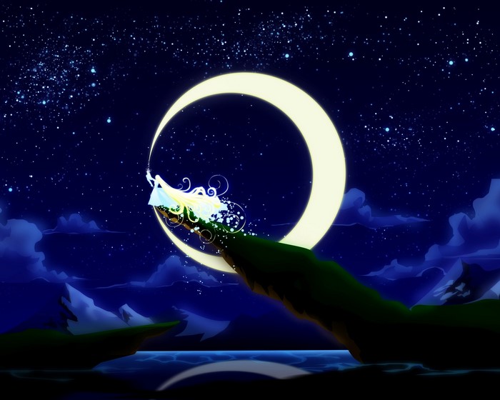 Girl on crescent moon in starry night sky