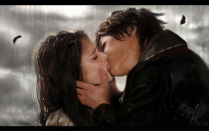 Couple kissing in the rain