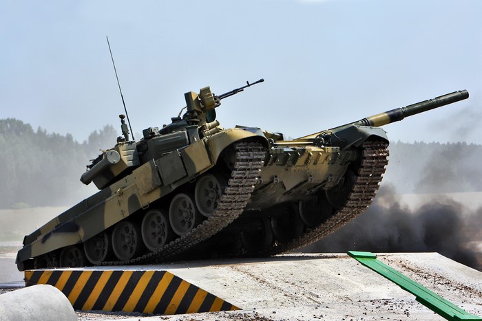Russian T-90 tank on a ramp