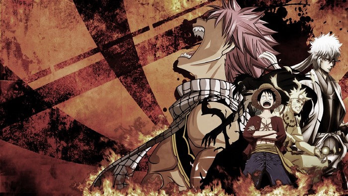 Natsu, Luffy, Naruto, and Gintoki in a fiery collage
