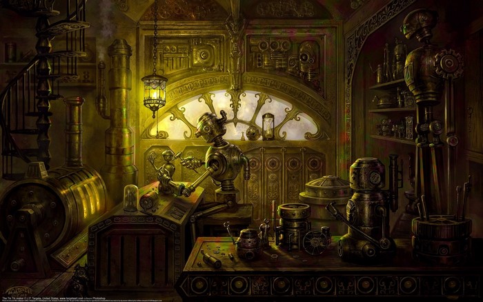 Steampunk workshop with robots and machinery