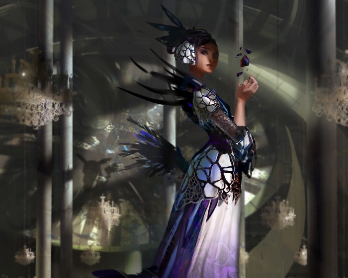 Woman with dark hair in ornate dress holding rocks