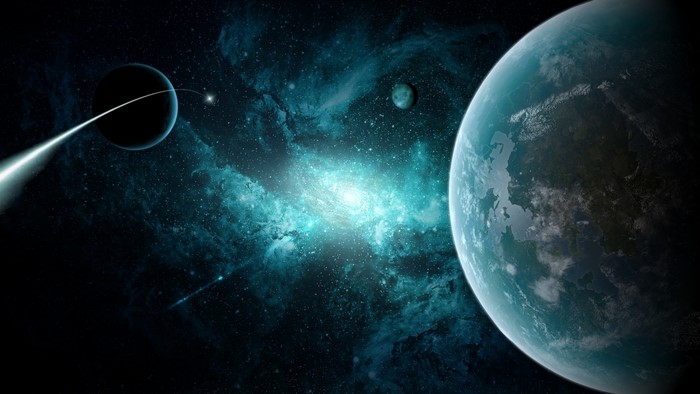 Planets in a nebula with a distant galaxy