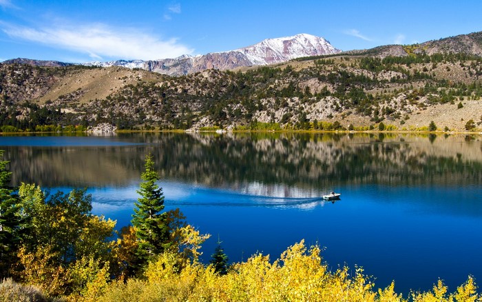Boat on a lake with mountains in California