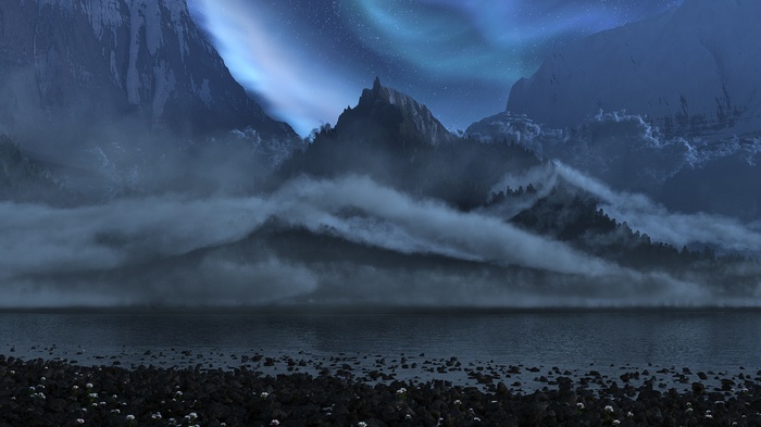 Mountain landscape with aurora borealis over lake