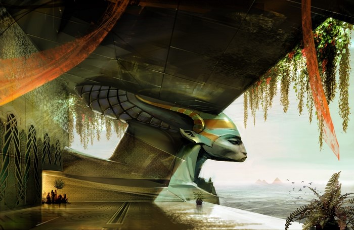 Fantasy Egyptian Sphinx structure with pyramids in background