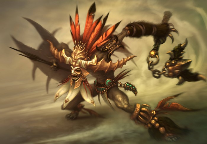 Diablo III character with mask and feathers
