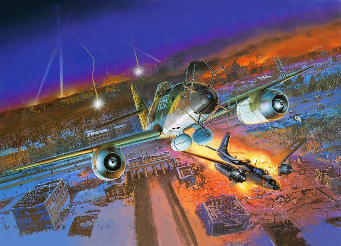 Me 262A-1a Airplane in Combat Over Burning City