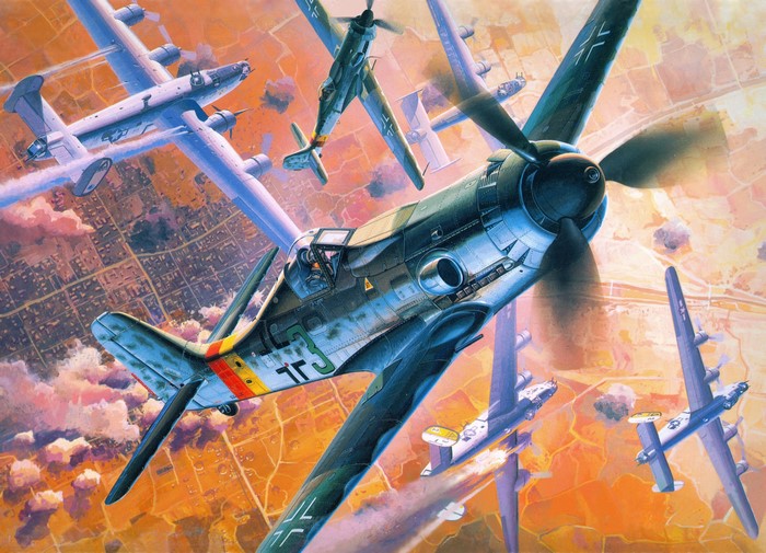 Painting of German Fw 190s attacking Allied bombers