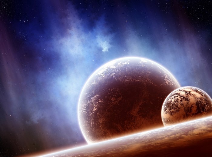Planets in deep space with nebulae
