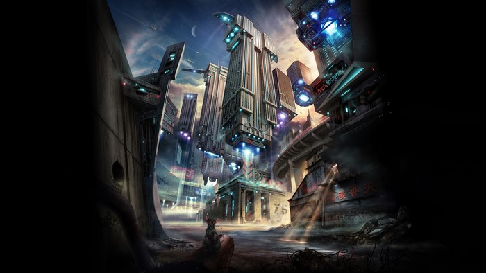 Futuristic city with flying vehicles and towering skyscrapers