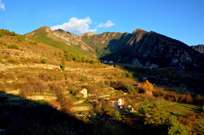Terraced hillsides with houses and mountains