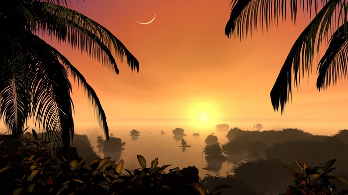 Tropical sunset over islands with palm trees