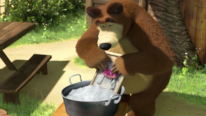 Bear from Masha and the Bear washing clothes