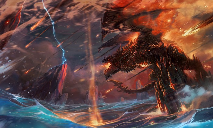 Dragon attacking a rocky island during a storm