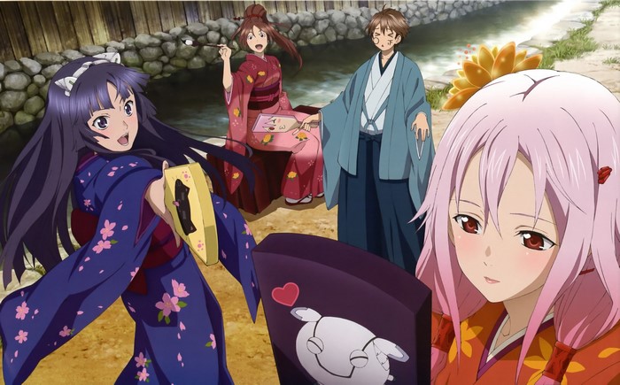 Guilty Crown characters in kimonos by a stream