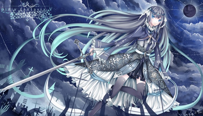 Girl with sword in a graveyard at night