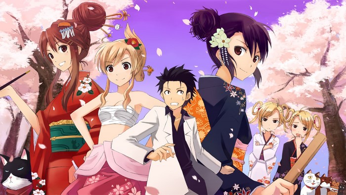 Characters from Nyan Koi! with cherry blossoms