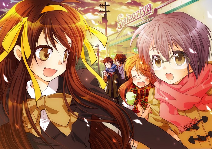 The Melancholy of Haruhi Suzumiya characters at Saizeriya