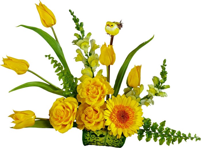 Yellow floral arrangement with a decorative bird