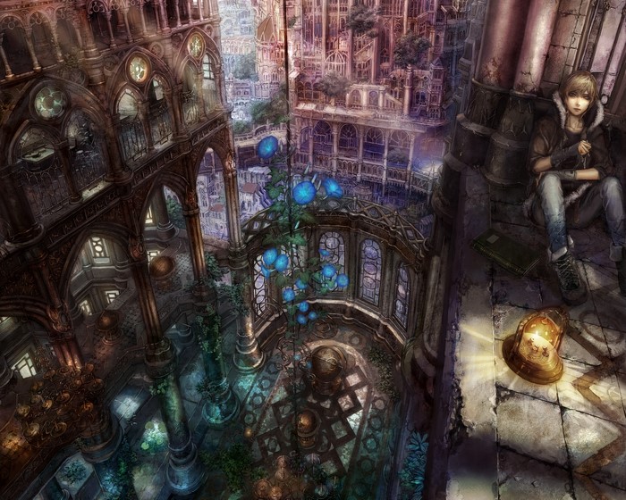 Young person sitting in a fantastical city