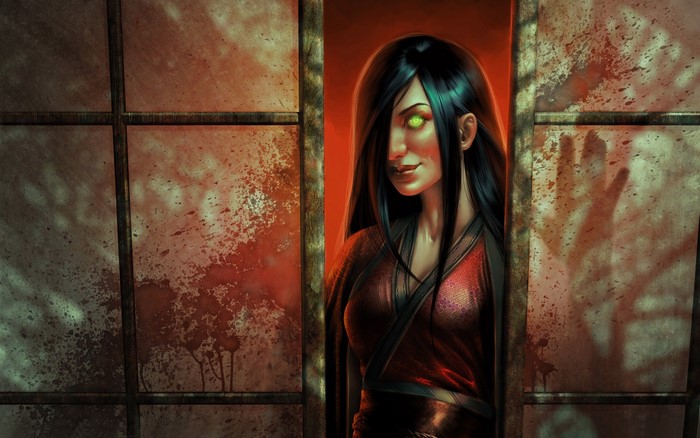 Woman with glowing eyes peeking through a door