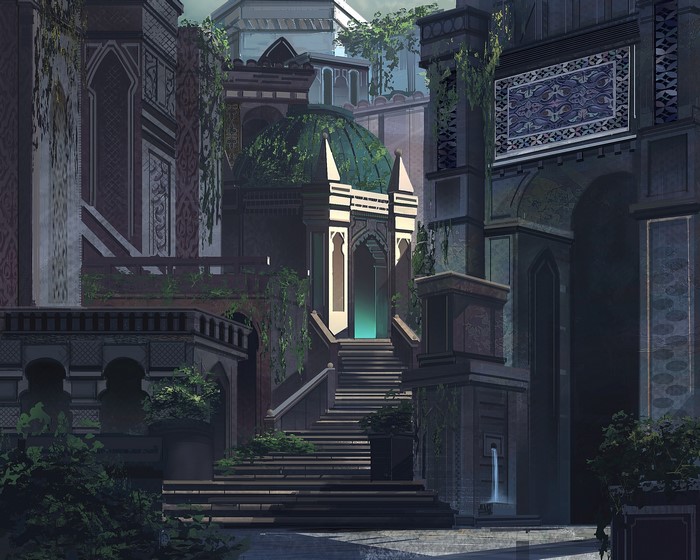 Fantasy architecture with overgrown plants and a fountain