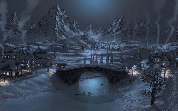 Winter village with snow-capped mountains and a bridge over a frozen river