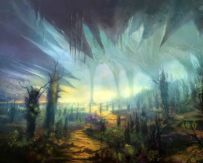 Alien cave landscape with strange trees and path