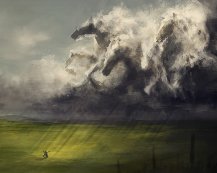 Horses made of clouds in the sky over a field