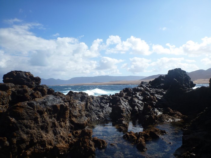 Rocky Coastline with Waves and Mountains