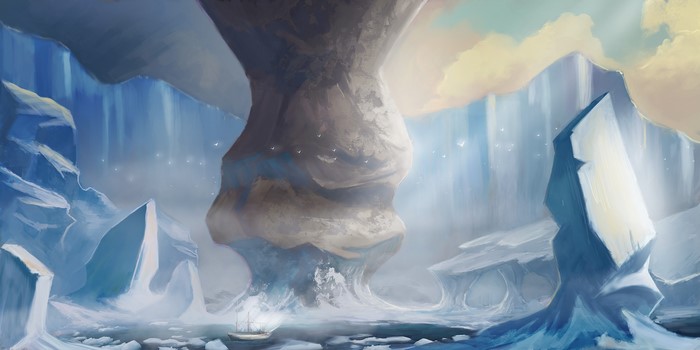 Fantastic world with ice formations and a ship